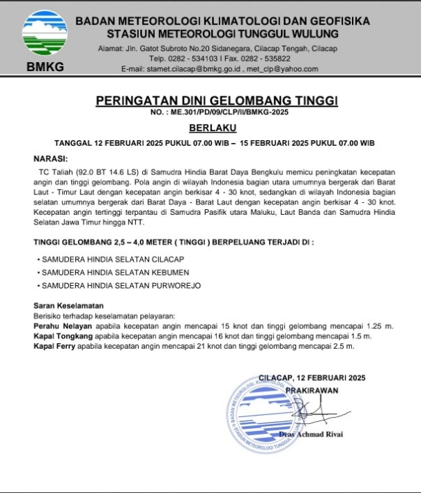 PERINGATAN DINI GELOMBANG TINGGI DI WILAYAH PERAIRAN SELATAN JAWA 12 - 15 FEBRUARI 2025